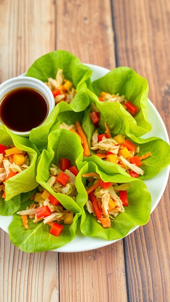 Colorful low-carb lettuce wraps filled with chicken and vegetables, served with soy sauce on a rustic table.